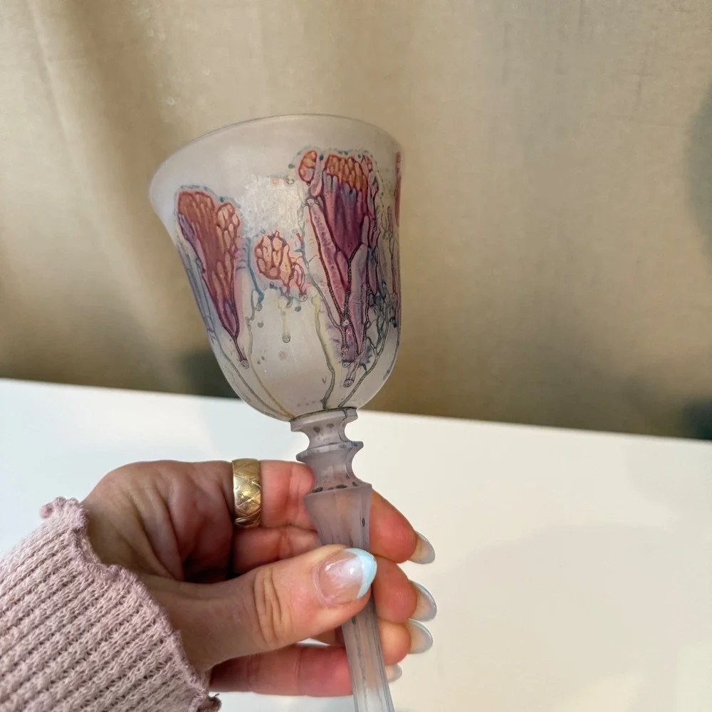 Artisan Hand Blown Frosted Glass‎ Wine Goblet Abstract Floral
